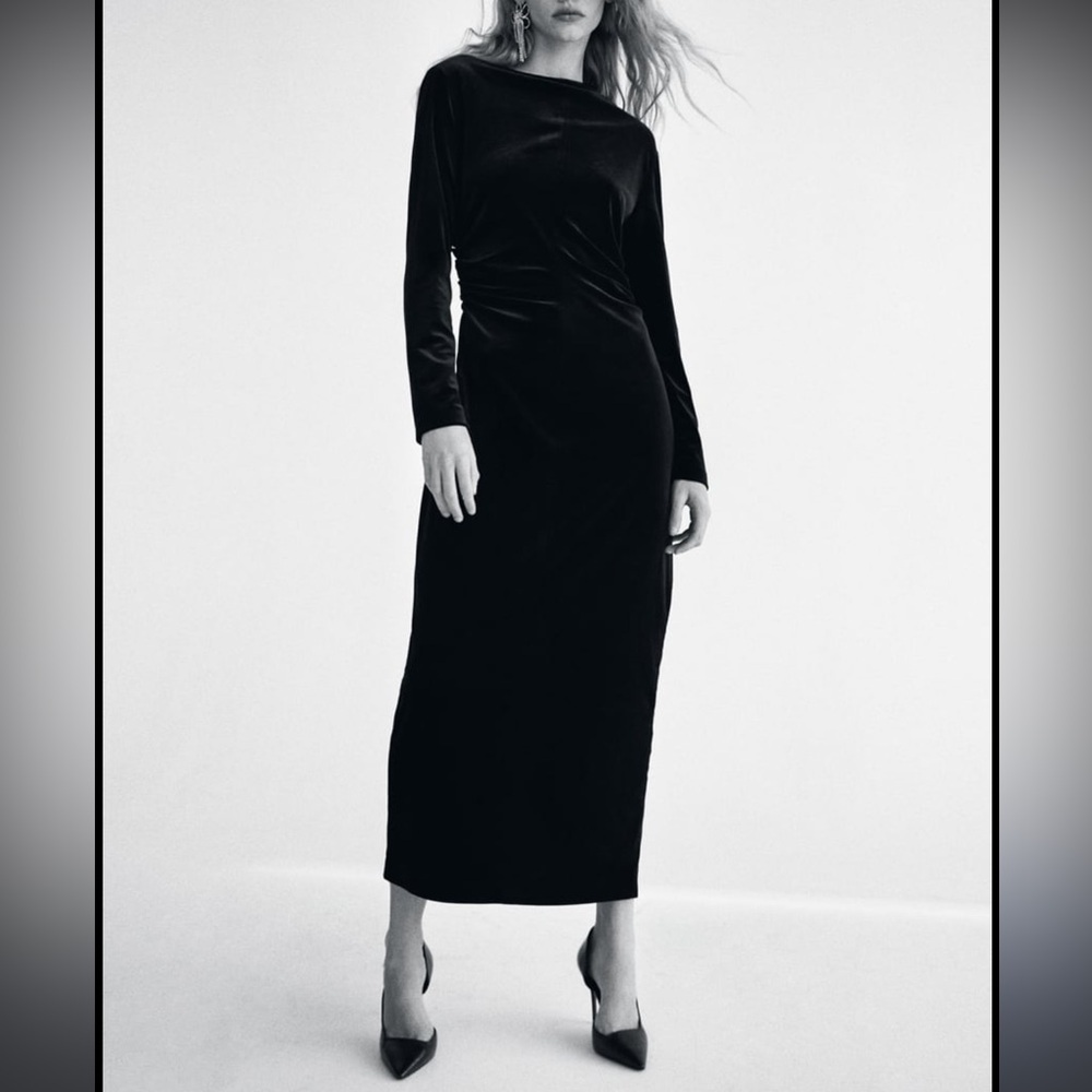 NWOT Zara Draped Black Velvet Dress Size XS